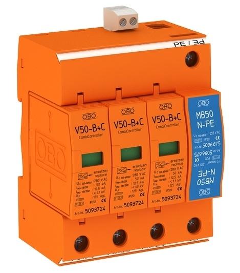 OBO V50-B+C/3+NPE+FS : Chống sét 120kA, Max 200kA, tiếp điểm